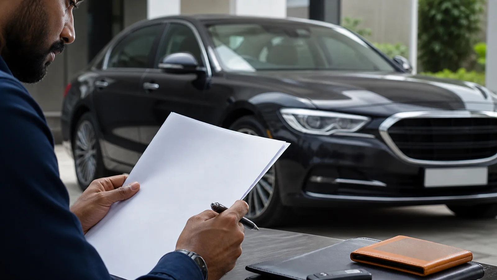 Car owner reviewing insurance documents beside a sedan