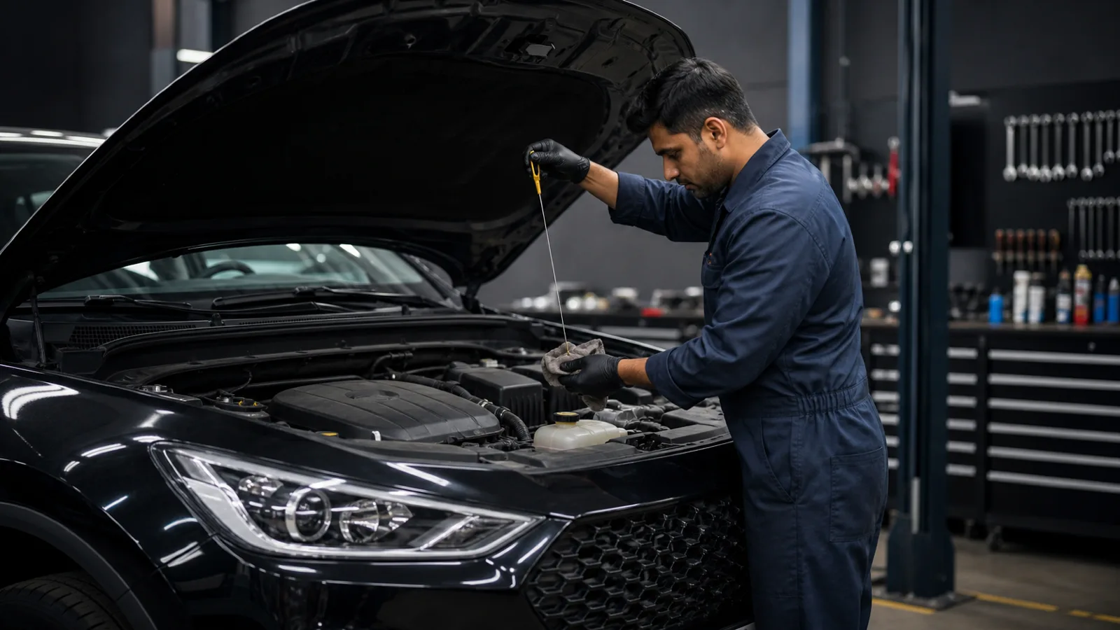 Mechanic checking the engine oil of a black car