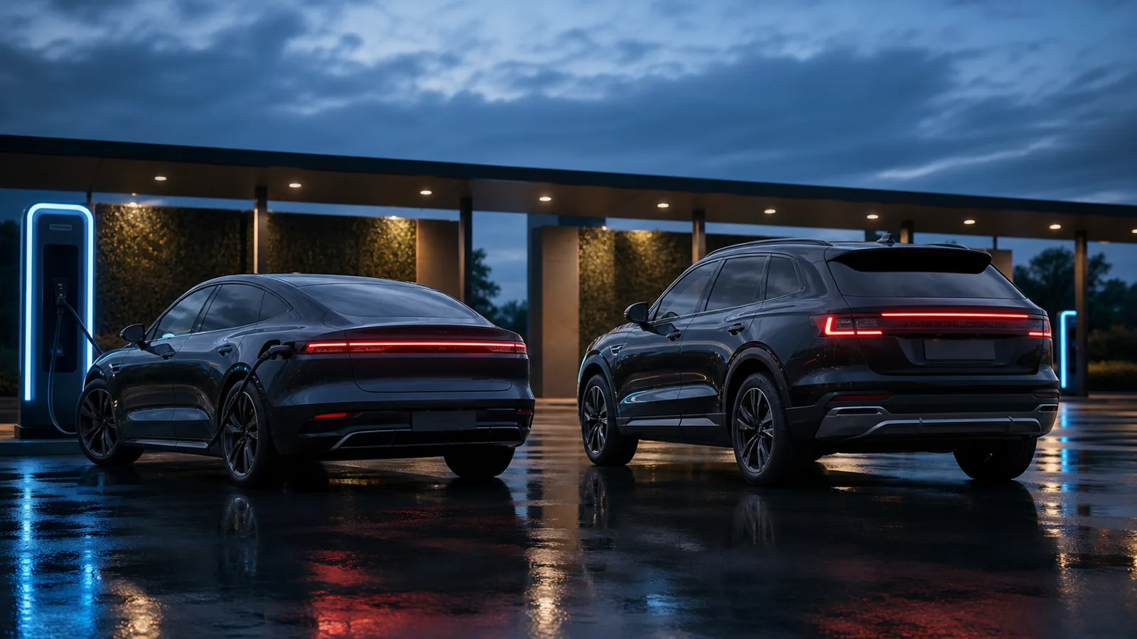 Electric fastback and hybrid SUV at a charging plaza