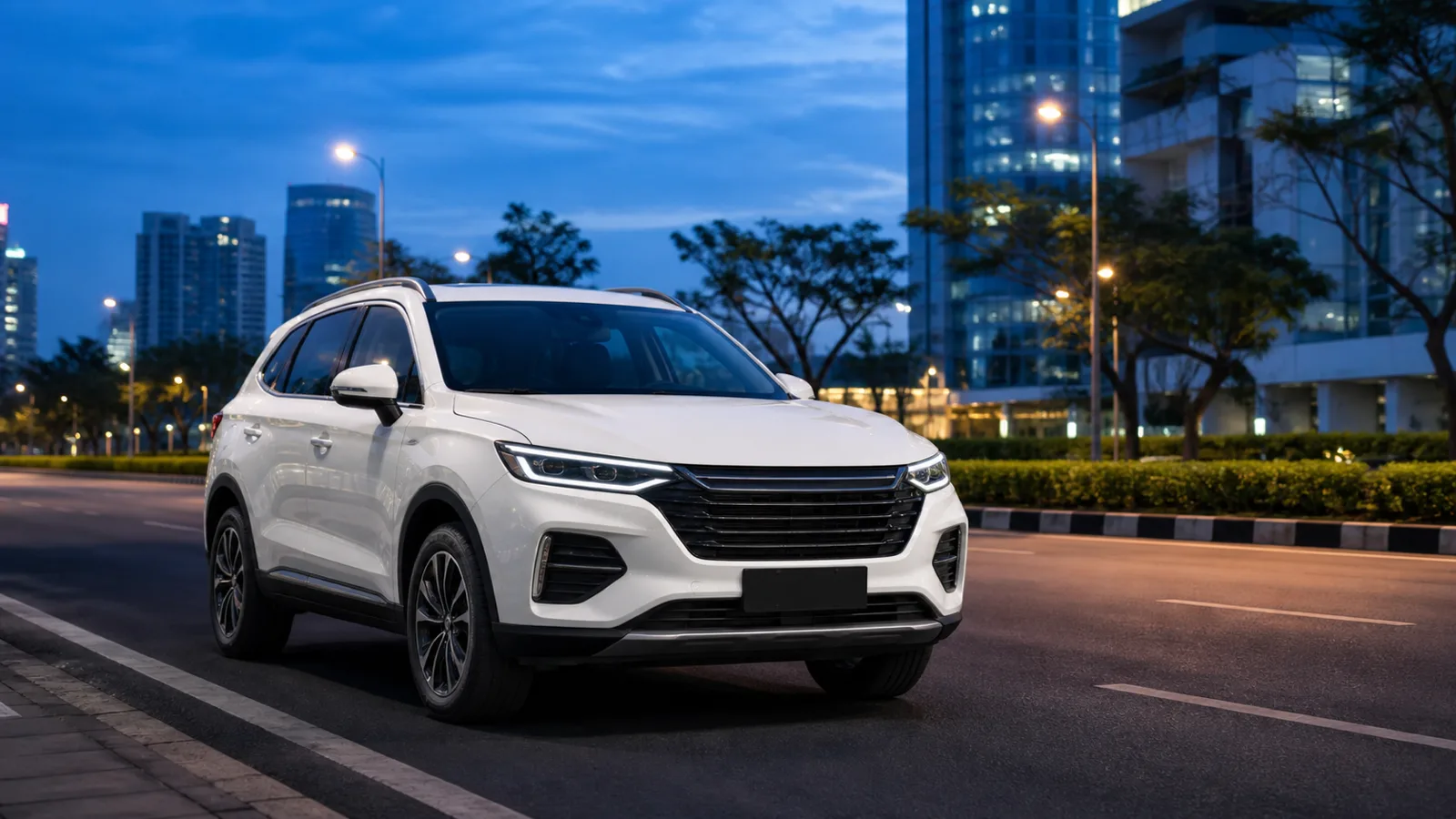 White SUV on a modern city road at blue hour