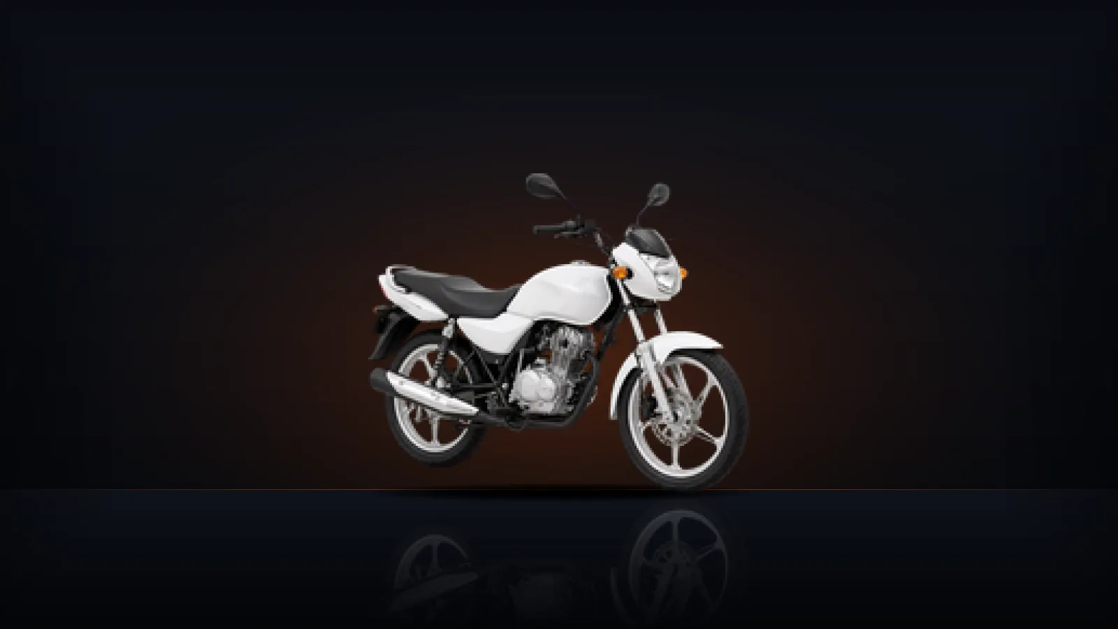 A white commuter motorcycle standing on a dark floor, ready for inspection