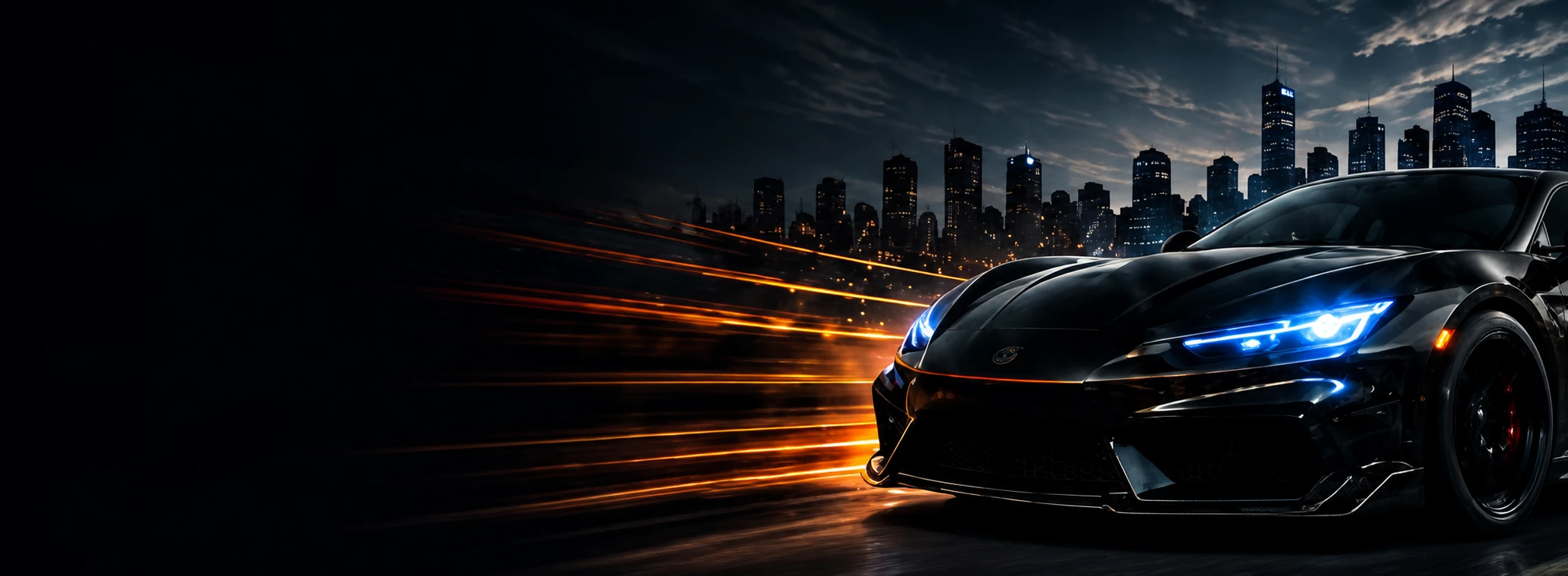 Black performance car driving past a city skyline at night